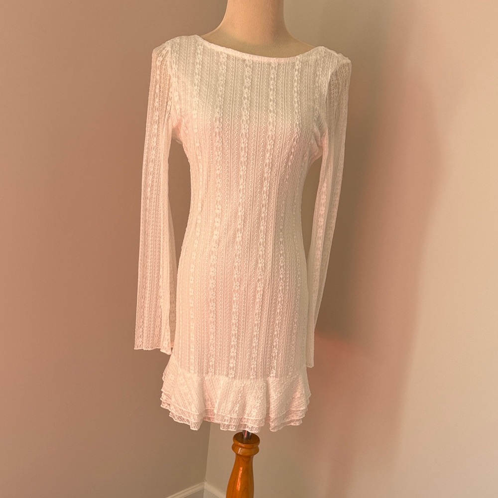 SHEIN White Lace Long Sleeve Mini Dress with Ruffle Hem